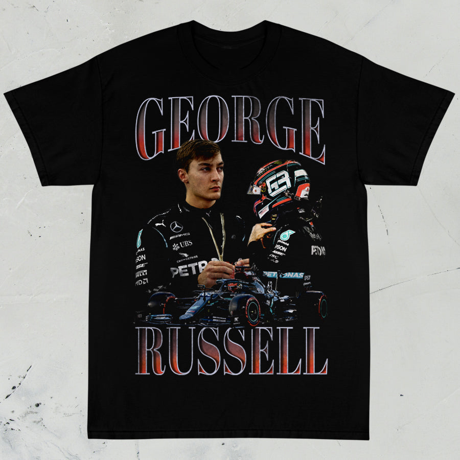 George Russell - Mercedes AMG Formula 1 shirt. Black unisex short sleeve shirt.