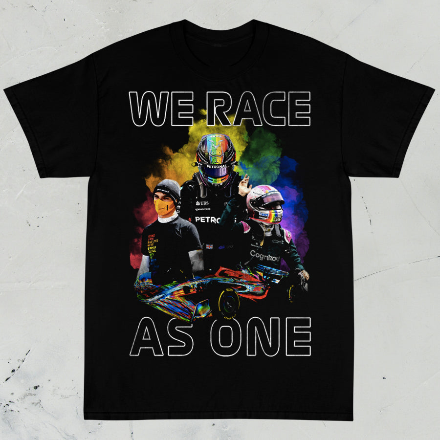 Formula 1 - We Race As One. Shirt featuring Lando Norris, Lewis Hamilton, and Sebastian Vettel showing their pride. Black unisex short sleeve tee.